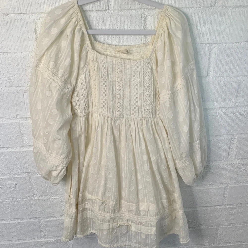 Nicole Miller Artelier Cotton Cream Square Neck Bishop Sleeve Sundress
